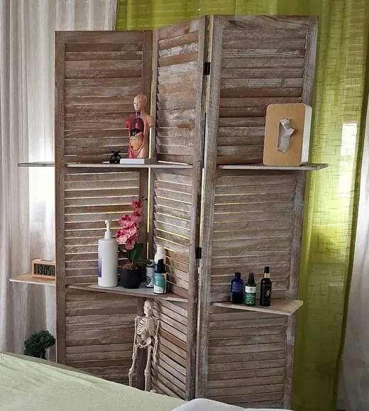 Regal mit Massageölen, Orchidee und anatomischem Modell in der Praxis